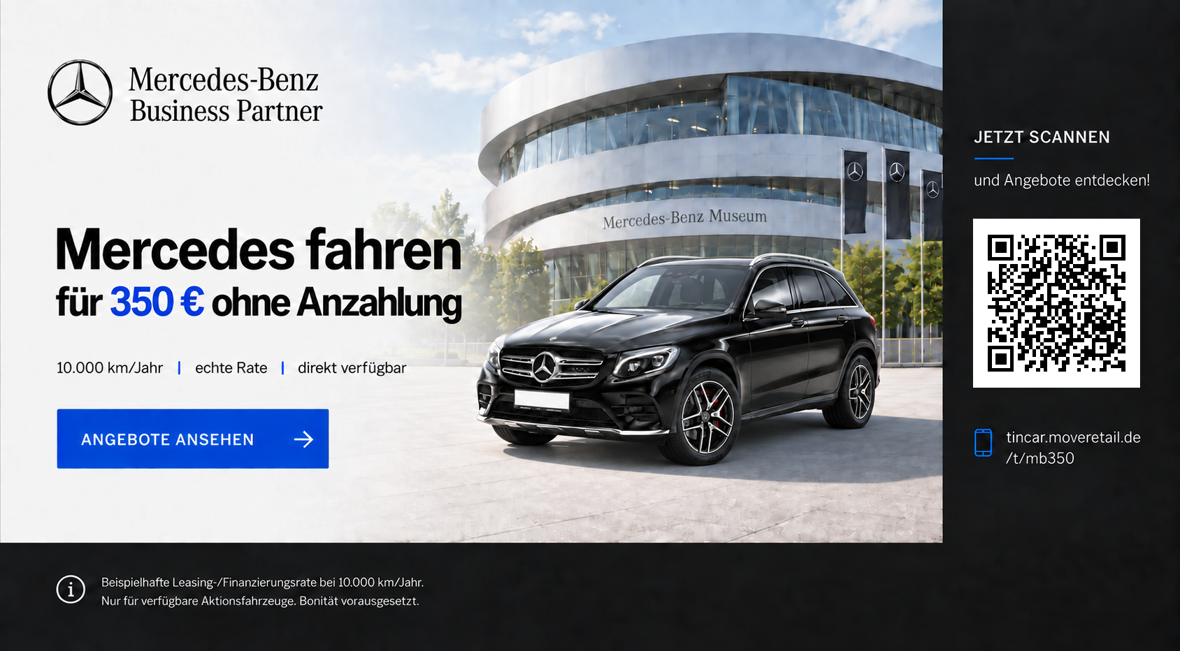 Beispiel eines Mercedes-Benz Kampagnenbanners mit Angebotsmotiv und QR-Code