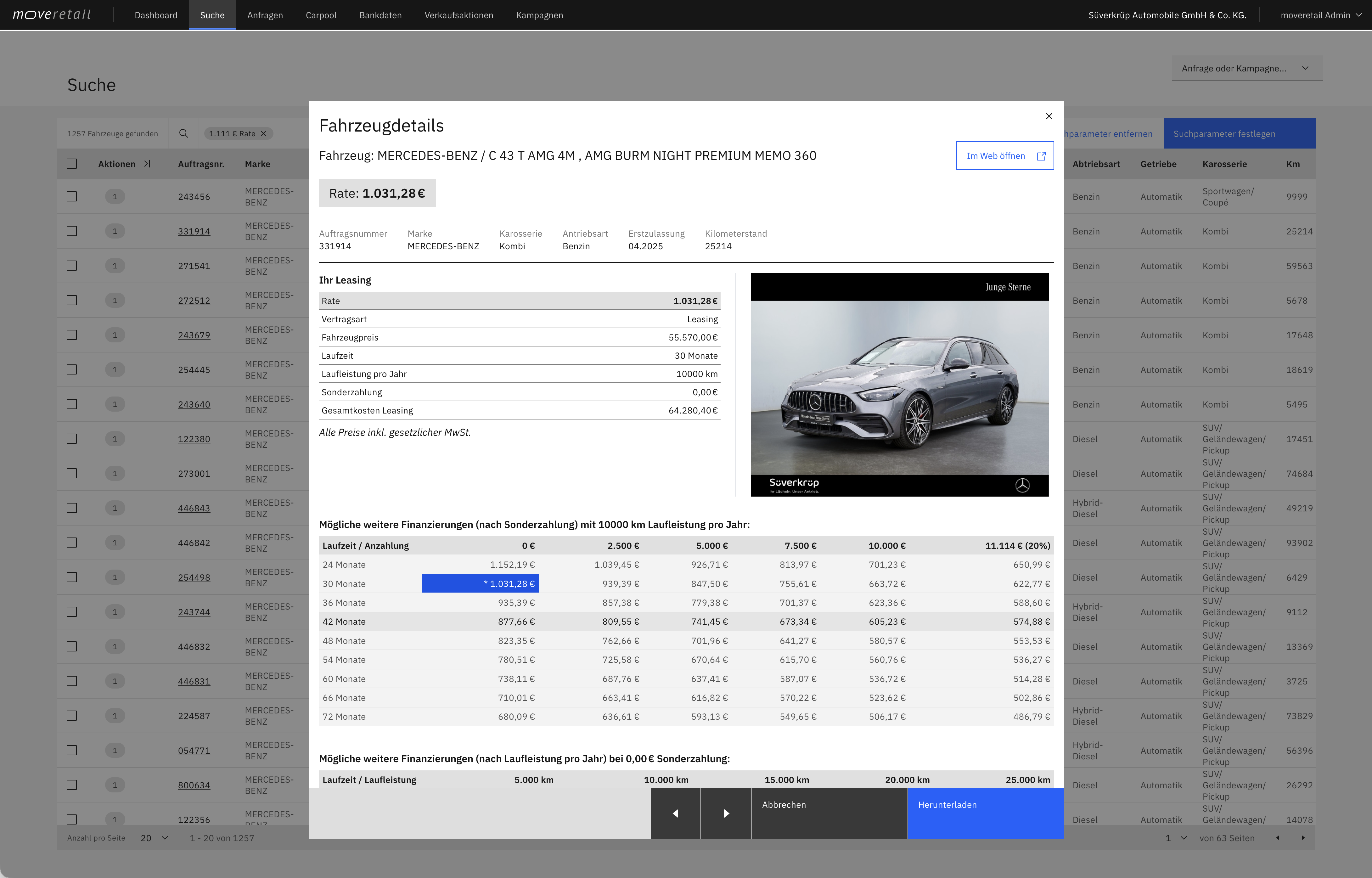Fahrzeugdetails und Leasingkalkulation mit Angebotsmatrix in moveretail